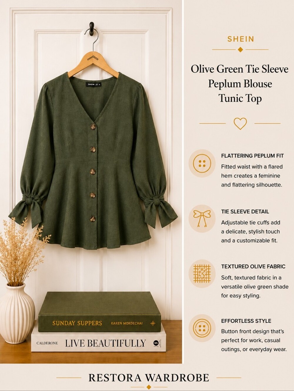 SHEIN Olive Green Peplum Blouse Button Front Tie Sleeve Women’s Size 12 - Picture 1 of 8